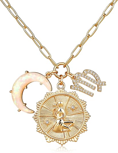 Virgo zodiac coin necklace with opal crescent moon charm