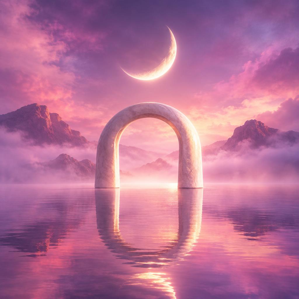 A luminous crescent moon above a pale arch and reflective water
