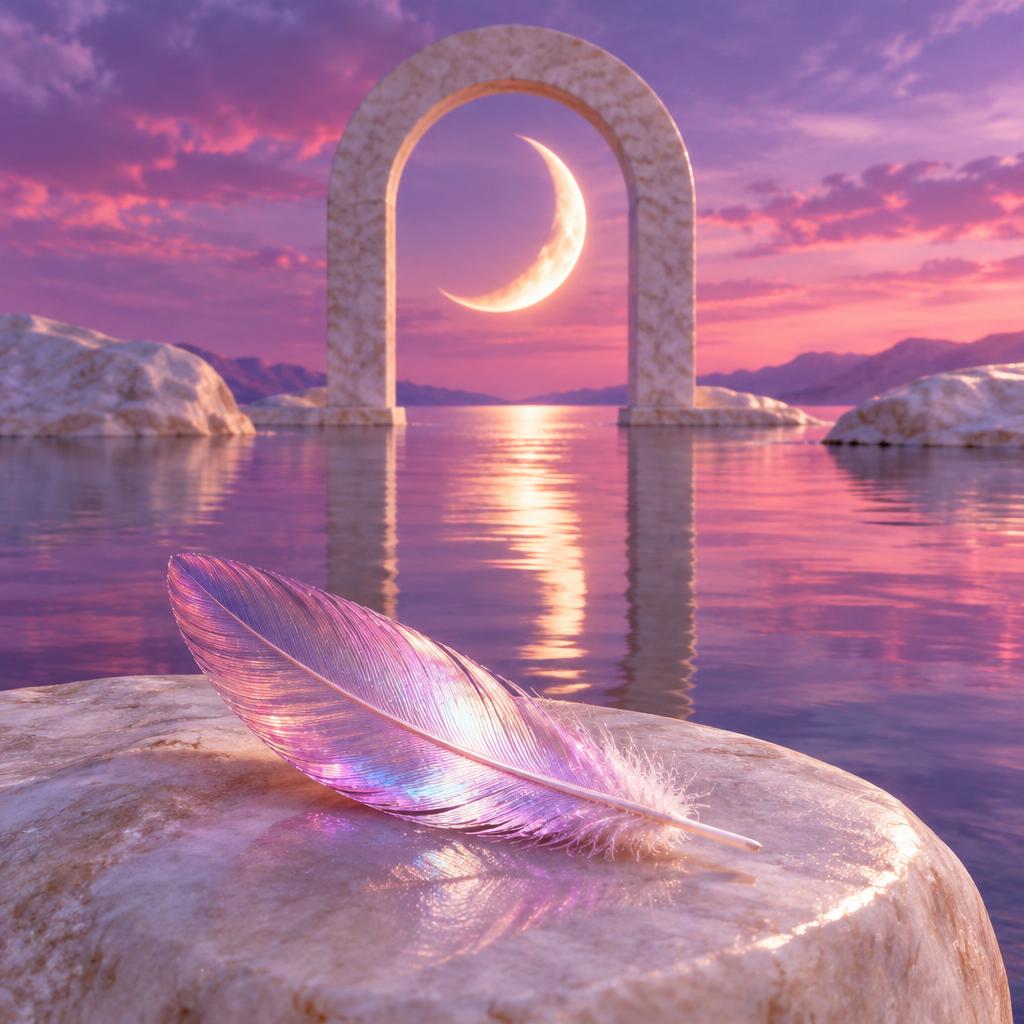 An iridescent feather beneath a moonlit arch over reflective water